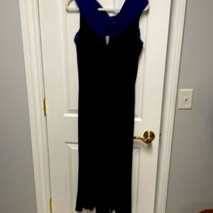 Long cocktail/evening dress blue velvet with rhinestone brooch